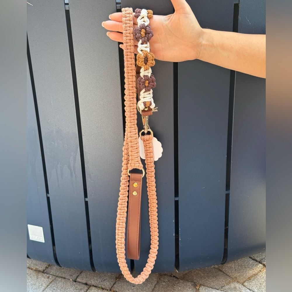 Macrame Handmade Collar and Leash Set (Brown)